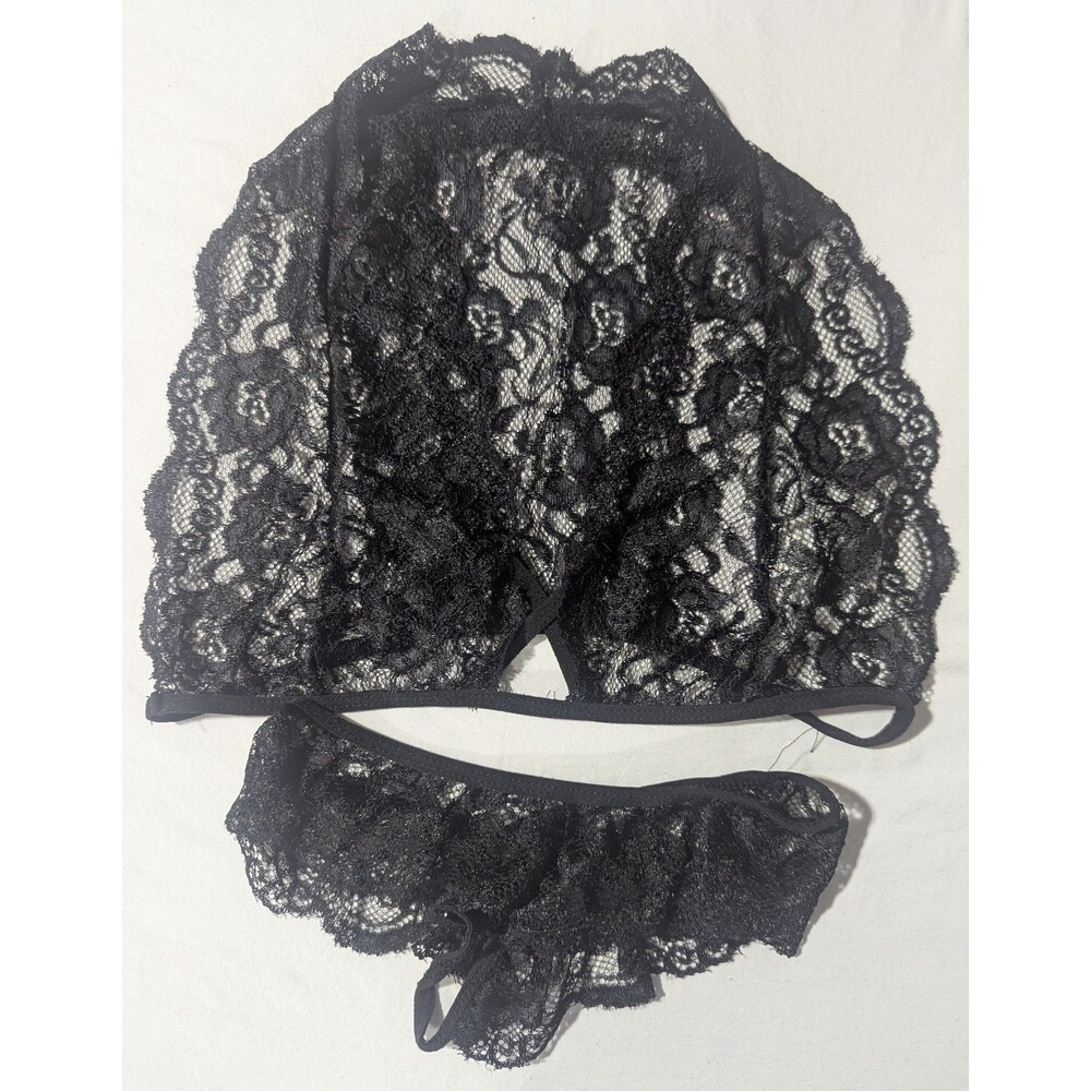 Black Sheer Lace Bralette & Cheeky Panty Lingerie Set - Women's Sexy 2pc